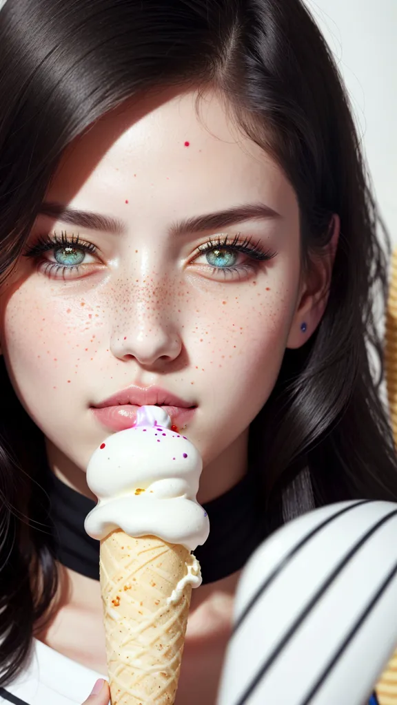 The image shows a young woman with long, dark hair and green eyes. She has a few freckles on her face and is wearing a white and blue striped shirt. She is holding an ice cream cone with white and purple sprinkles close to her lips. The background is blurred and is a lighter color than the woman.