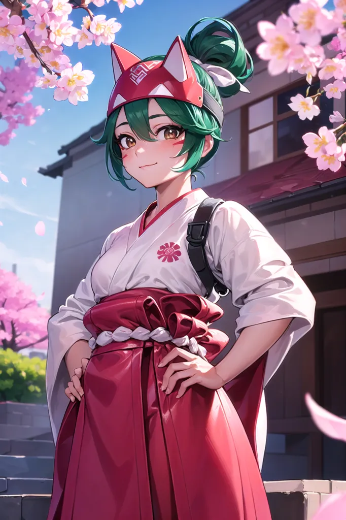 The image is of a young woman standing in front of a building. She is wearing a kimono and has green hair and eyes. There are cherry blossoms falling around her. The background is a traditional Japanese house. The woman is smiling and has her hands on her hips.