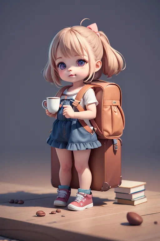 The image shows a little girl, probably 5 or 6 years old. She has blond hair tied in a ponytail, blue eyes, and a cute expression on her face. She is wearing a white shirt, denim shorts, and pink sneakers. She is also carrying a brown suitcase that is almost as big as her and a pink cup in her right hand. There are some books and coffee beans on the ground next to her. The background is a simple grey color.