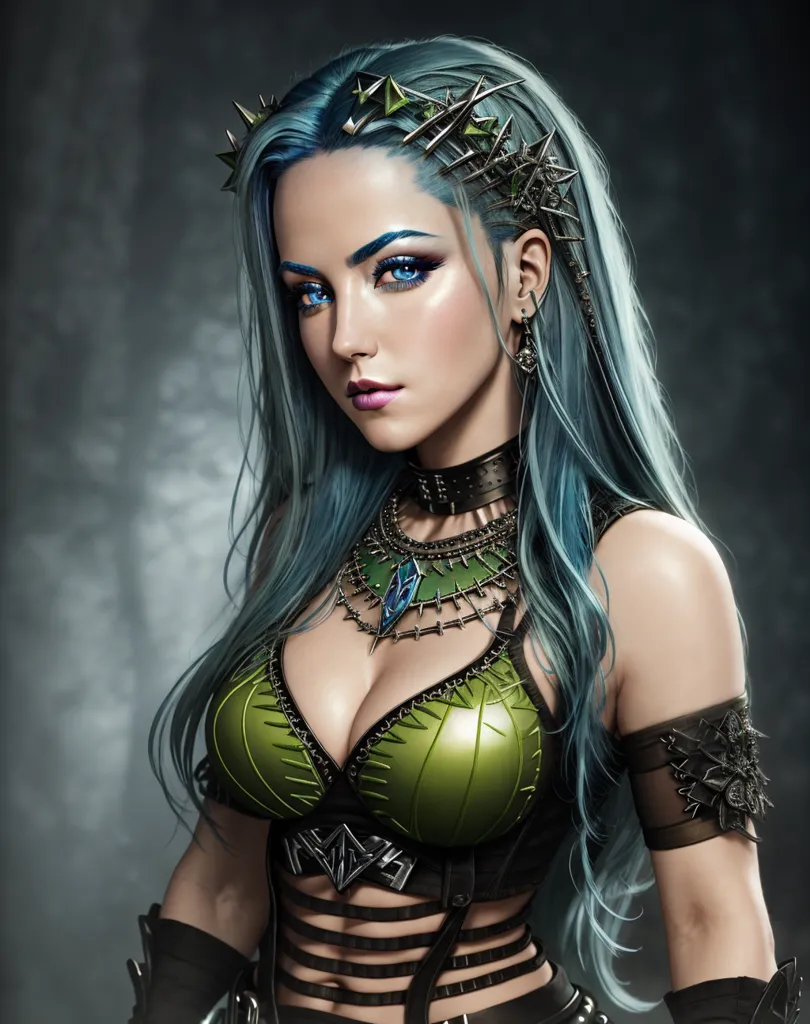 This is an image of a woman with blue hair and blue eyes. She is wearing a green and brown outfit. She has a crown on her head and a necklace around her neck. She is also wearing earrings. She has a serious expression on her face. She looks like a warrior or a queen.