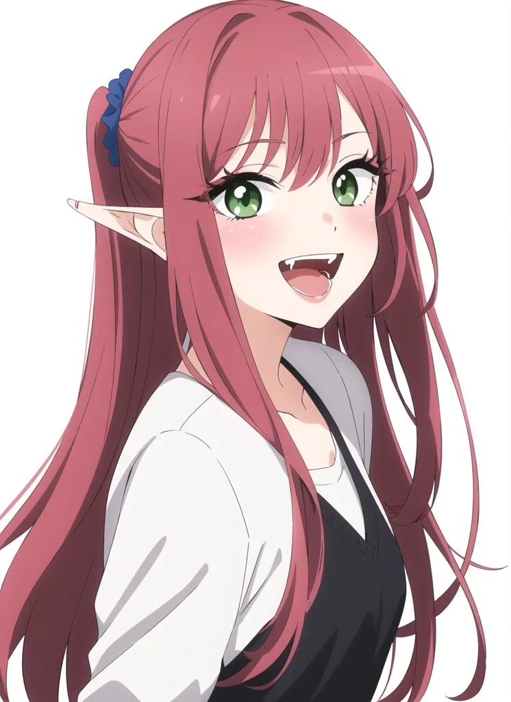 The image is of an anime-style girl with long pink hair and green eyes. She has a wide smile on her face and is showing her teeth. She is wearing a white shirt and a black apron. She has elf ears and a small blue bow in her hair.