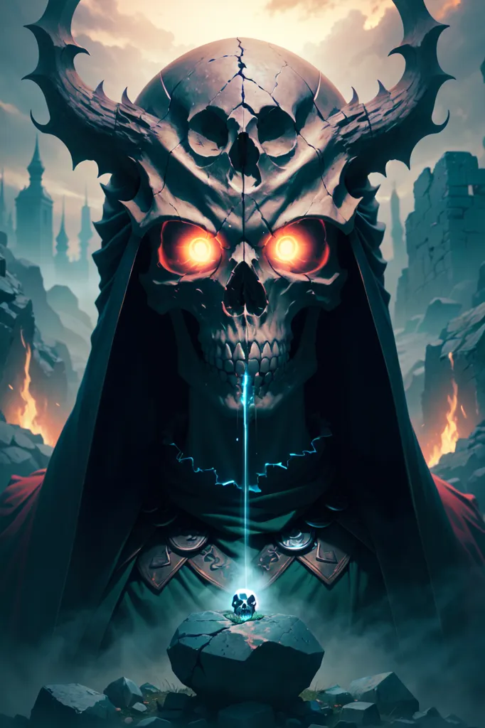 The image is a dark fantasy illustration of a skeletal figure with glowing red eyes. It is wearing a black robe with a red tattered cape and has a horned skull with two glowing blue flames coming out of the eye sockets. The figure is standing in a ruined city with large stone buildings and towers in the background. There is a skull on the ground in front of it.