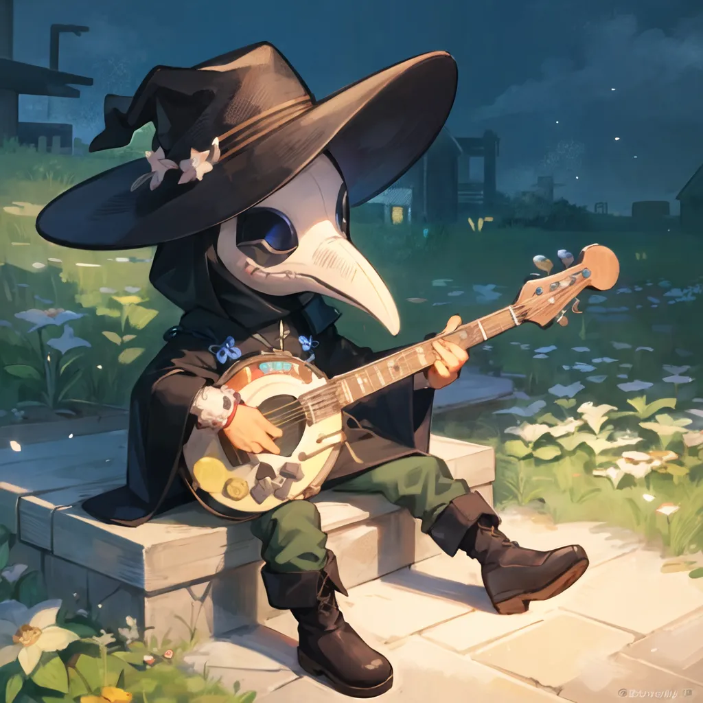 A plague doctor is playing the banjo. He is wearing a black hat and a black cloak. He has a long nose and a beak-like mask. He is sitting on a bench in a field of flowers. There is a village in the background. The plague doctor is playing the banjo and singing a song.