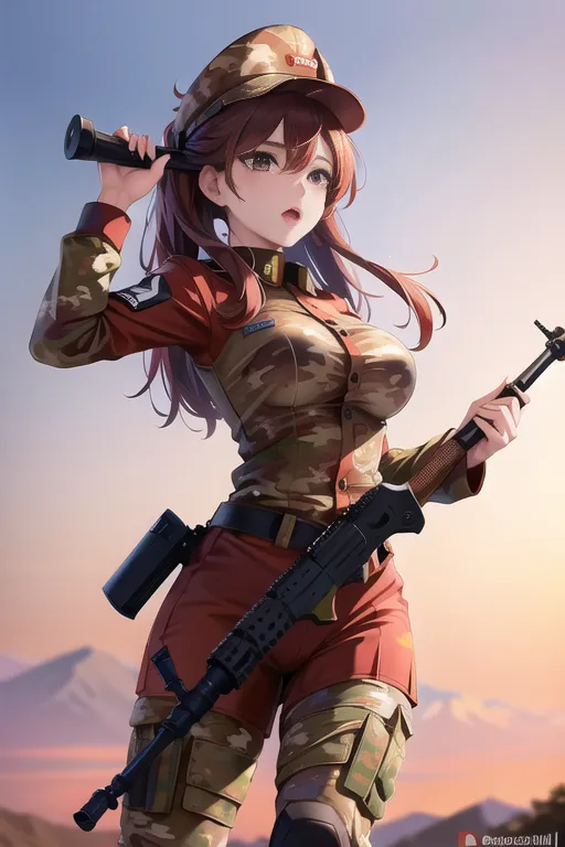 The image is of a young woman in a military uniform. She is wearing a red cap, a red and green camouflage shirt, and green camouflage pants. She is also wearing a black belt with a holster on her right hip. She has a gun in her right hand and a radio in her left hand. She is standing in a mountainous area and there are mountains in the background. The sky is blue with some clouds in the background.