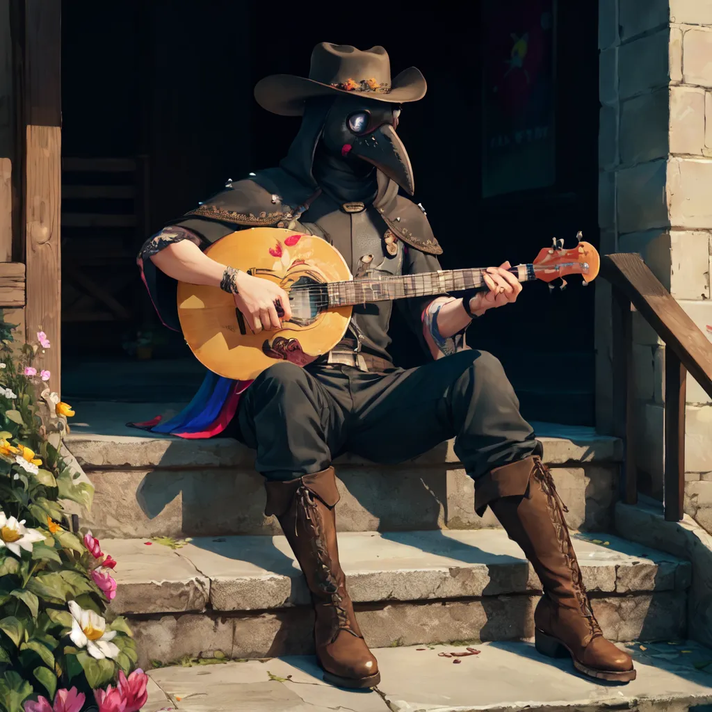 This image shows a person in a plague doctor costume playing a guitar. They are sitting on the steps of a building, with one foot on the step and the other on the ground. The plague doctor is wearing a black hat, a black mask with a long beak, and a black coat. They are also wearing brown boots and a brown belt. The guitar is brown and has a red flower painted on the front. The plague doctor is playing the guitar with their right hand and has their left hand on the neck of the guitar. There are some flowers in front of the plague doctor on the ground.