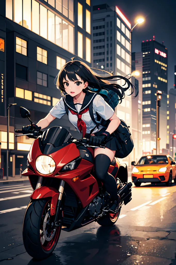 The image is of a young woman riding a red motorcycle through a city street at night. She is wearing a white shirt, black skirt, and red scarf. She has long brown hair that is blowing in the wind. The city is full of tall buildings and bright lights. The woman is riding in the right lane, with a yellow car in the left lane next to her.