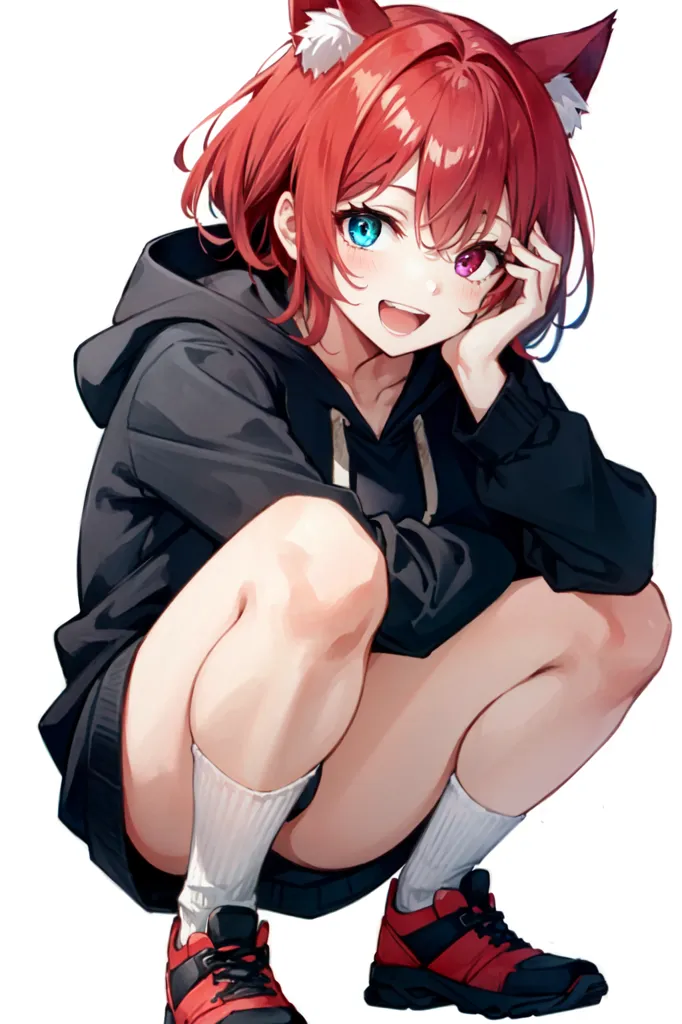 The image depicts a young woman with cat ears in a black hoodie. She has red hair and one blue and one green eye. She is smiling and has her hand on her face. She is wearing white socks and red sneakers.