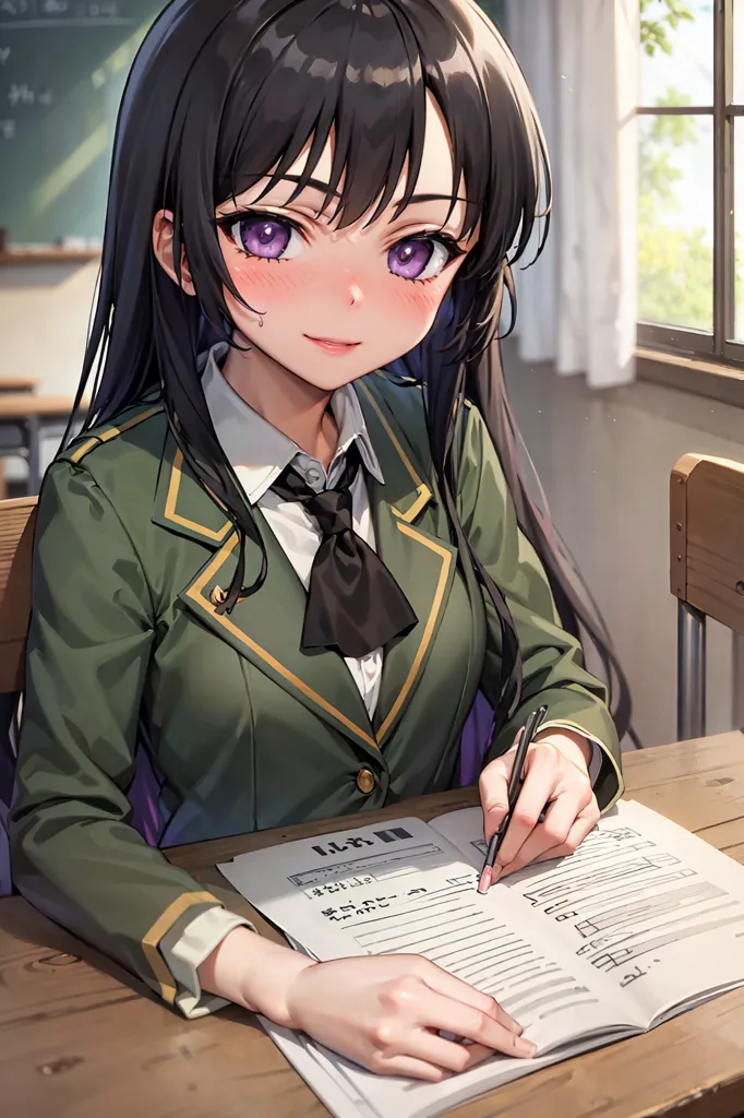 The image shows a young girl with long black hair and purple eyes. She is wearing a green military-style uniform with a white shirt and black tie. She is sitting at a desk in a classroom, writing on a notebook. She has a slight blush on her face and looks a bit embarrassed.