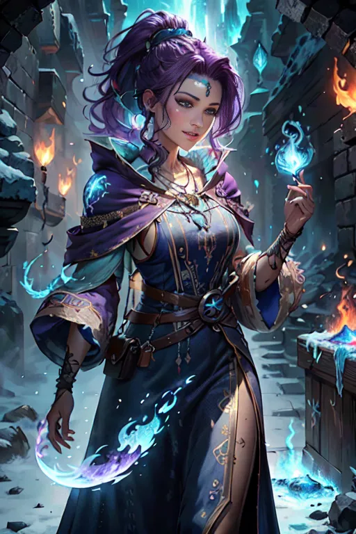 The image shows a female sorcerer with long purple hair and blue eyes. She is wearing a blue and purple robe with a white belt. She is holding a small blue flame in her right hand. She is standing in a dark room with stone walls and there are flames coming out of sconces on the walls.