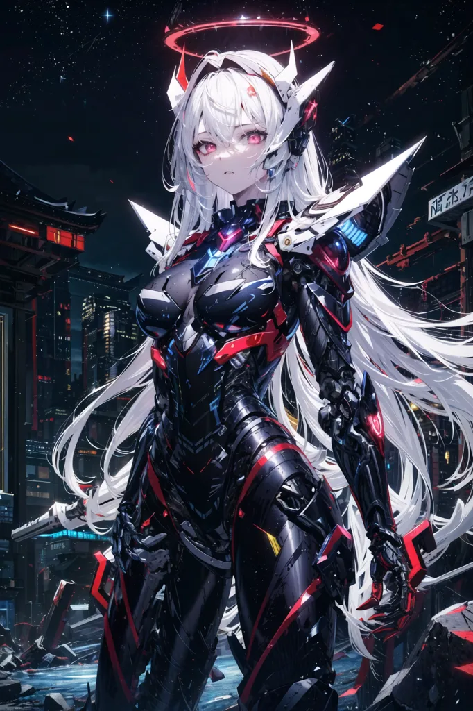 The image is of a beautiful anime girl with long white hair and red eyes. She is wearing a black and red bodysuit with a white cape. She is standing in a futuristic city with a large building in the background. The girl is holding a large sword in her right hand. She has a halo above her head and there are several red floating objects around her.