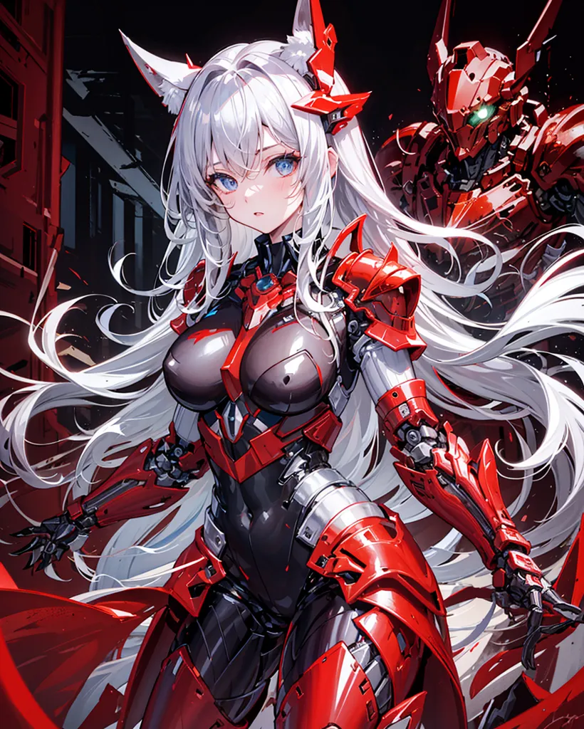 The image is of a female character with white hair and red eyes. She is wearing a red and black bodysuit with a white cape. The bodysuit has a lot of metal parts and looks like armor. The character is also wearing a pair of red boots and a pair of white gloves. She has a robotic arm on her right arm and a robotic leg on her right leg. The character is standing in a dark room with a red light shining on her. There is a large robot behind her. The robot is red and black and has a lot of metal parts. The robot is also wearing a pair of red boots and a pair of white gloves. The character and the robot are both looking at the viewer.