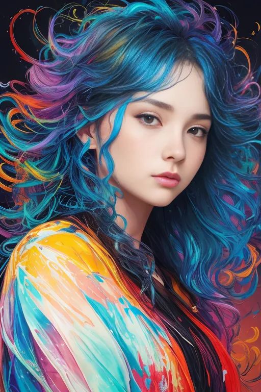 The image is a portrait of a young woman with long, flowing hair. Her hair is a rainbow of colors, with blues, greens, yellows, and purples. Her eyes are a deep brown, and her skin is fair. She is wearing a colorful dress, and her lips are slightly parted. She is looking at the viewer with a serene expression. The background is a dark blue, and the image is cropped in close on her face.