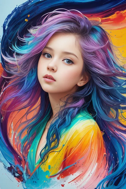 La imagen es una pintura de una niña joven con el cabello largo y ondulante. El cabello es un arcoíris de colores, con azules, morados y verdes. Los ojos de la niña son azules y su piel es clara. Lleva un vestido colorido. El fondo es un remolino de colores. La pintura está en un estilo realista y la expresión de la niña es serena.