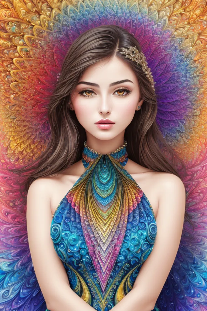 The image shows a beautiful woman with long brown hair. She is wearing a blue and gold dress with a colorful peacock-like pattern. The woman has a gold and silver headpiece with gems on her forehead. She is also wearing a necklace and earrings. The background is a rainbow of bright colors.