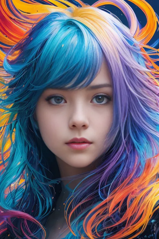 The image is a portrait of a young woman with long, flowing hair. Her hair is a rainbow of colors, with blue, green, yellow, orange, and pink. The woman's eyes are a deep blue, and her skin is fair. She is wearing a black dress. The background is a dark blue, with a bright light shining down on the woman.