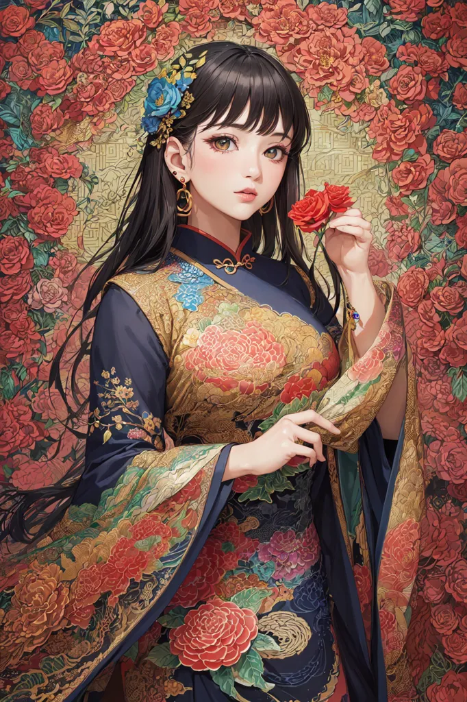 This is an image of a beautiful young woman with long black hair and brown eyes. She is wearing a traditional Chinese dress with a red and gold floral pattern. The dress has a high collar and long sleeves. She is also wearing a red flower in her hair. The background of the image is a red and gold floral pattern.