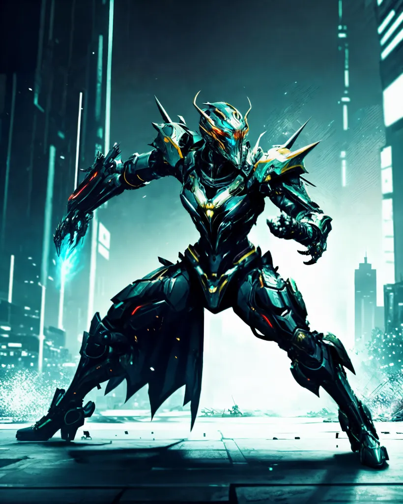 The image shows a futuristic soldier wearing a black and green powered armor suit. The armor has blue lights on the chest, back, and shoulders. The soldier is standing in a fighting stance, ready to attack. The background is a futuristic city with tall buildings and neon lights.