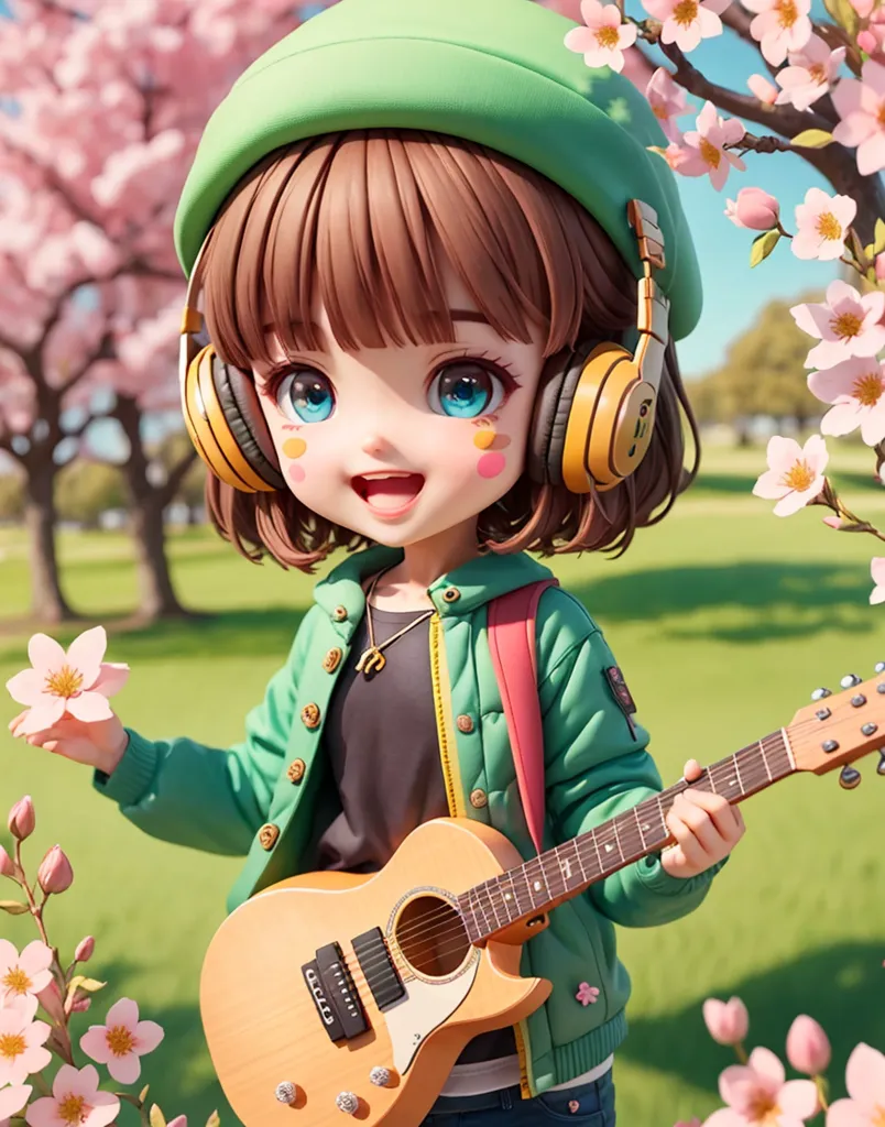 The image shows an anime-style girl with brown hair and blue eyes. She is wearing a green beret, headphones, and a green jacket. She is playing a guitar and there are pink flowers in the background.