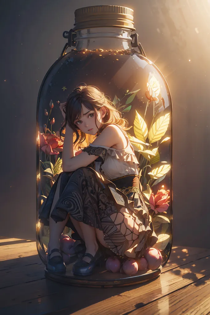 The image is a digital painting of a young woman in a jar. The woman is sitting on a bed of flowers and leaves, and she is looking out at the viewer with a sad expression on her face. The jar is sitting on a wooden table, and there is a light shining down on the woman from the top of the jar. The image is very detailed, and the artist has used a variety of colors to create a sense of depth and realism.