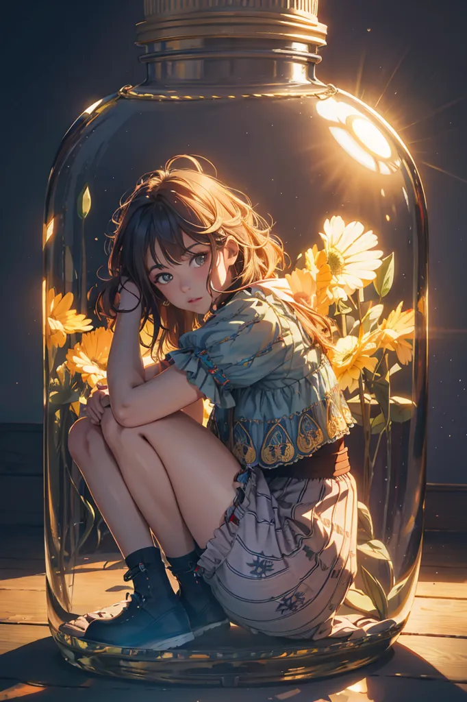 The image is a digital painting of a young woman sitting in a glass jar. The woman is depicted with brown hair, brown eyes, and a slightly melancholic expression on her face. She is wearing a simple blue dress with a white collar. The jar is filled with water to about 3/4 of its height, and a few yellow flowers are floating on the surface of the water. The jar is sitting on a wooden table or shelf, and there is a bright light source coming from the right side of the image. The overall tone of the image is one of peace and tranquility.