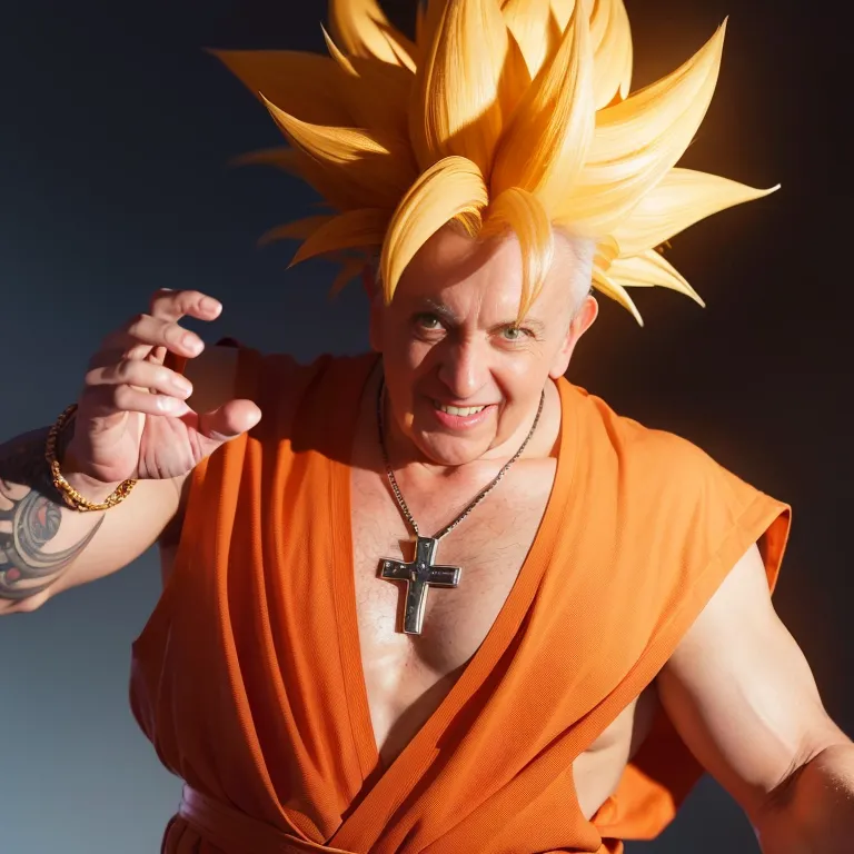 A imagem mostra um homem vestido com um traje de Goku da série Dragon Ball. Ele tem cabelos espetados amarelos, um físico musculoso e está usando um gi laranja com um cinto azul. Ele também está usando um colar com uma cruz. O homem está sorrindo e tem a mão estendida em uma pose de luta.