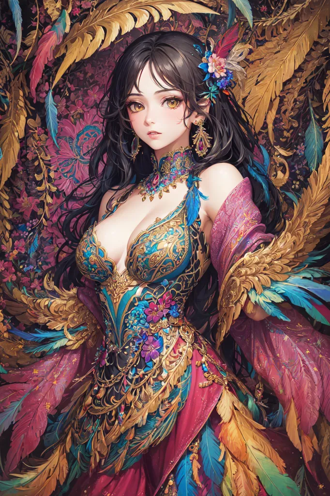 La imagen es de una hermosa mujer con el cabello largo y oscuro. Lleva un vestido elaborado con un escote pronunciado y un cuello alto. El vestido está decorado con hilos de oro y plata, y hay varias flores grandes en el corpiño. También lleva un collar y pendientes, y su cabello está adornado con flores y plumas. El fondo es de un color oscuro con un patrón floral. La mujer está de pie frente a un espejo grande y ornamentado. Está mirando su reflejo en el espejo y tiene una expresión satisfecha en su rostro.