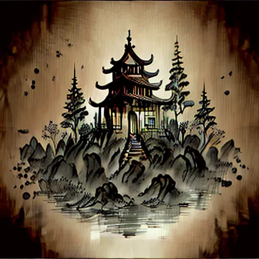 The image is a Chinese-style painting of a house on a small island. The house is surrounded by trees and mountains. The painting is done in muted colors and has a dreamlike quality.