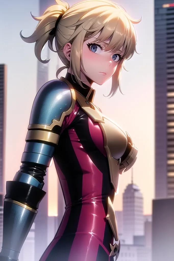 The image is a digital painting of a young woman with blonde hair and blue eyes. She is wearing a purple and pink bodysuit with armor on her shoulders and arms. She is standing in a city with tall buildings in the background. The sun is setting, and the sky is a gradient of orange and pink. The woman is looking at the viewer with a serious expression on her face.