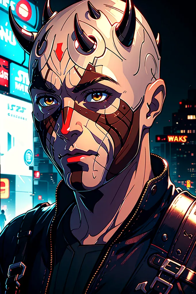 This is an illustration of a man's face. He appears to be wearing some kind of mask or face paint. His eyes are a light brown color, and he has a small red diamond-shaped marking on his forehead. He is wearing a dark-colored jacket or shirt with a high collar. The background is a blurred cityscape at night with various signs and lights.