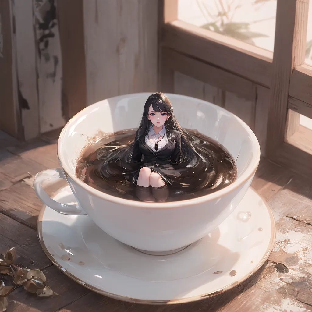 The image is a digital painting of a young woman sitting in a cup of coffee. The woman is wearing a black suit and has long black hair. She is sitting with her legs crossed and her eyes are closed. The cup of coffee is sitting on a saucer on a wooden table. There is a window in the background of the image.