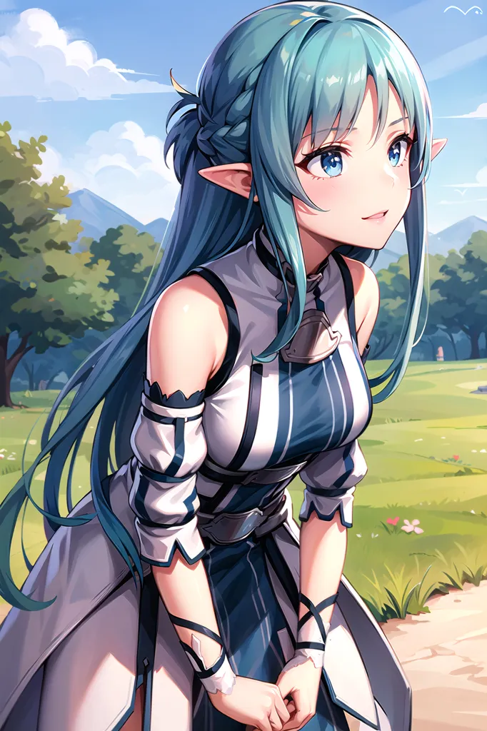 The image is of a young woman with long, green hair and blue eyes. She is wearing a white and blue dress with a white cape. She is also wearing a brown belt and has a sword on her left hip. She is standing in a field of green grass and there are trees and mountains in the background.