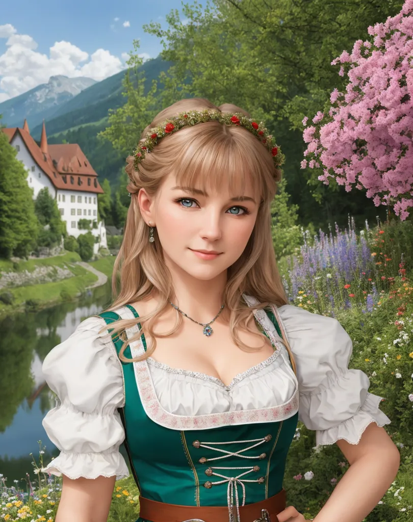 A imagem mostra uma jovem mulher vestindo um vestido tradicional bávaro chamado dirndl. O corpete do dirndl é verde com detalhes brancos, e a saia é de um verde mais escuro com um avental branco. A mulher está usando um colar com um pingente azul e uma coroa de flores em seu cabelo. Ela está em pé em um campo de flores com um castelo ao fundo. As montanhas podem ser vistas ao longe. A mulher tem cabelos loiros longos e olhos azuis, e ela está sorrindo para o observador.