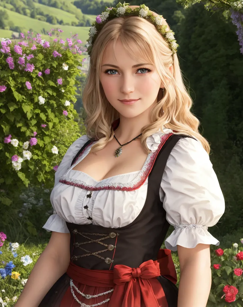 The image shows a young woman wearing a traditional German dress called a dirndl. The bodice of the dress is black with red trim, and the skirt is red with a white apron. The woman has long blond hair that is styled in a braid, and she is wearing a wreath of flowers on her head. She has blue eyes and a fair complexion. The background of the image is a green field with flowers.