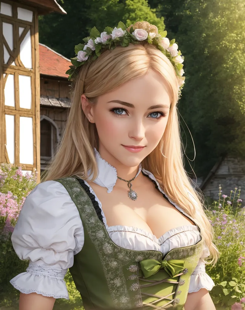 The image shows a beautiful young woman, with long blond hair and blue eyes. She is wearing a traditional German dress, with a green bodice and a white blouse. Her hair is decorated with a wreath of flowers. She is standing in front of a half-timbered house, with a garden full of flowers behind her.