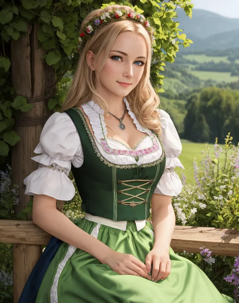 The image shows a young woman wearing a traditional German dirndl. The bodice of the dirndl is green with white trim and silver buttons. The skirt of the dirndl is also green with a white apron. The woman is wearing a white blouse with a ruffled collar. She has a necklace with a pendant in the shape of a heart. Her hair is long and blond and she is wearing a wreath of flowers on her head. She is sitting on a bench in front of a wooden fence. There are green hills in the background.