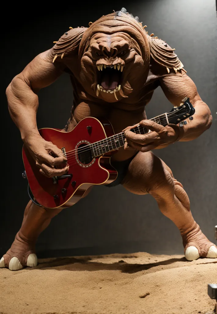 The image shows a large, muscular humanoid creature with a brown, rocky hide and sharp teeth. It is wearing a loincloth and playing a red Gretsch guitar. The creature is standing in a sandy area with a dark background. It is lit by a spotlight.