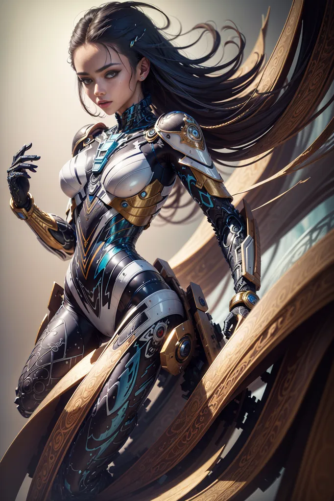 This is an image of a beautiful woman who looks like a cyborg. She has long black hair and blue eyes. Her skin is pale and flawless. She is wearing a black and white bodysuit with gold accents. The bodysuit is made of a material that looks like metal. She is also wearing a pair of black boots. She is standing in a confident pose, with her right hand on her hip and her left hand extended. She has a serious expression on her face. The background is a blur of light and dark colors.