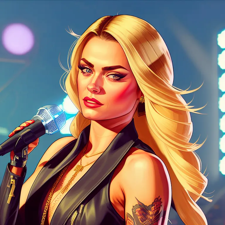 The image shows a woman with long blonde hair, blue eyes, and a red lip. She is wearing a black leather jacket and a silver necklace. She is holding a microphone in her right hand. She is standing in front of a blue background with bright lights. She is in a concert and is singing into the microphone.