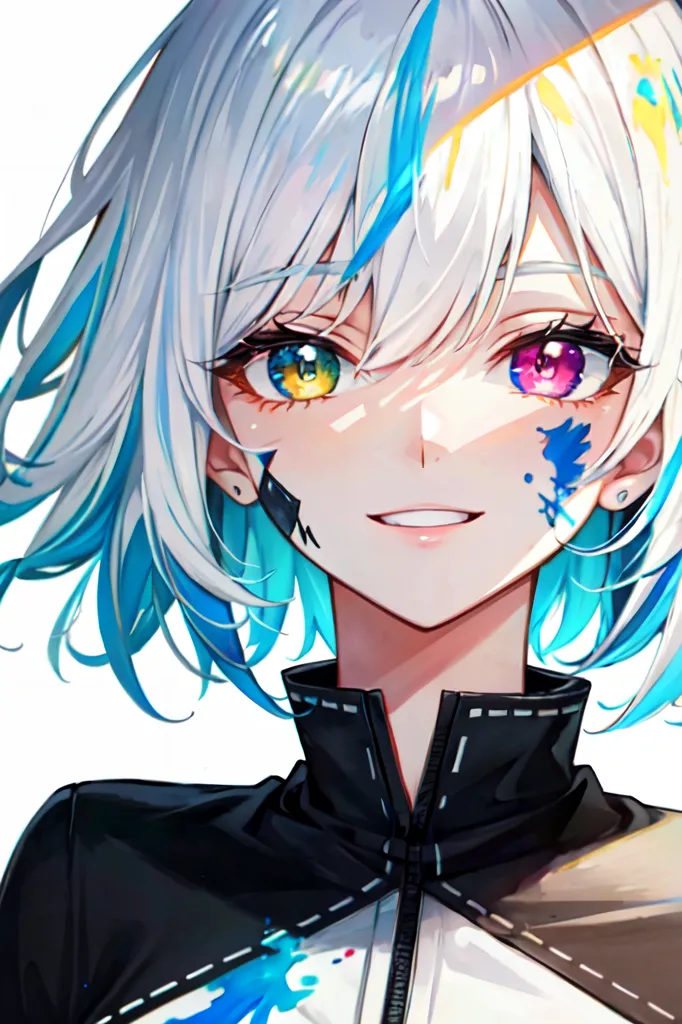 The image is a portrait of a young woman with white, blue, and green hair. Her right eye is yellow and her left eye is purple. She is wearing a black jacket with white and yellow details. There are paint splatters on her face and neck. She has a small smile on her face.