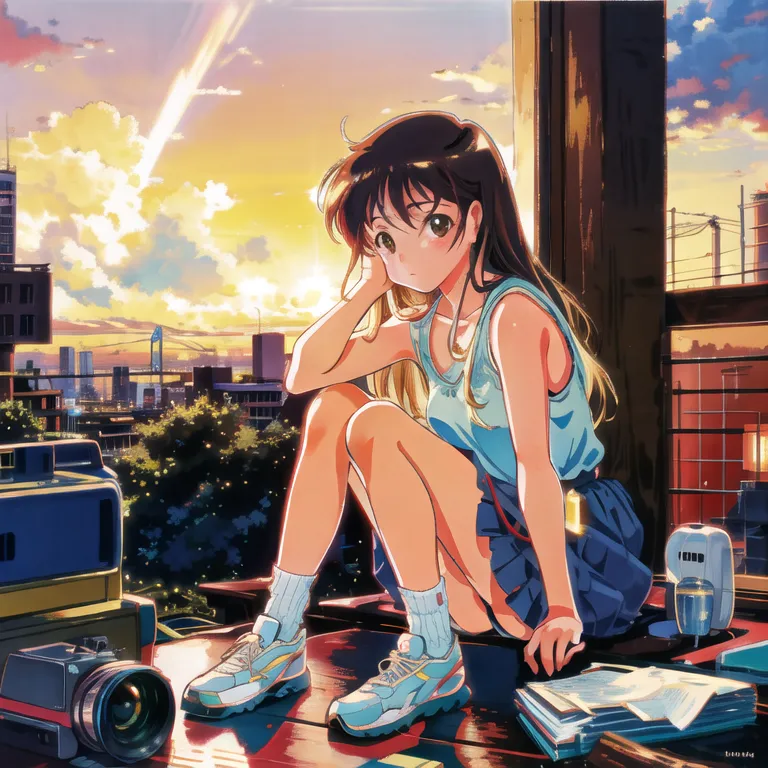 The image is of a young woman sitting on a rooftop. She is wearing a blue tank top, a gray skirt, and sneakers. She has brown hair and green eyes. She is looking down at a camera and some books. There is a city in the background. The sun is setting and the sky is a gradient of orange, yellow, pink, and blue.