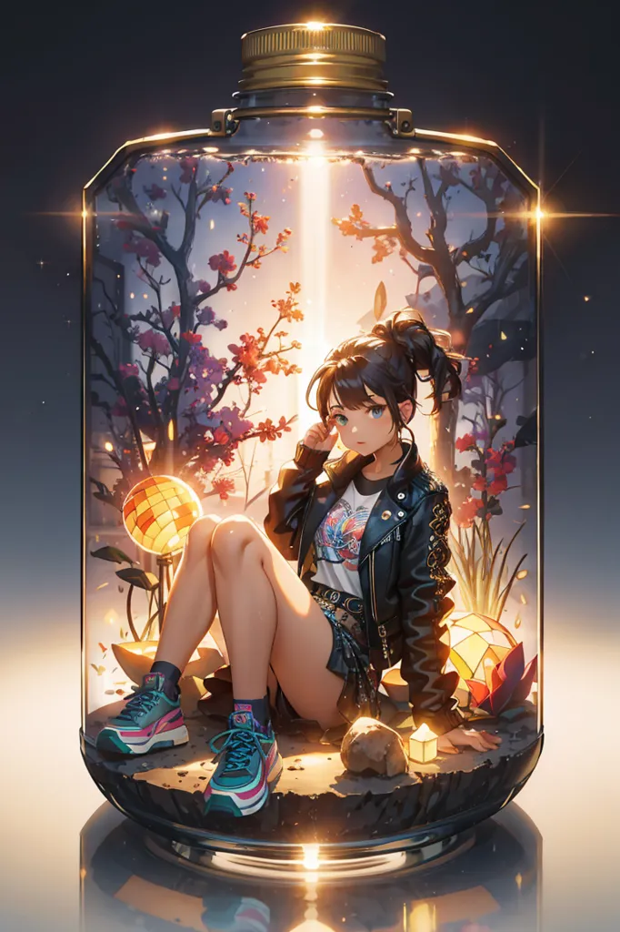 The image is a digital painting of a young woman sitting in a glass jar. The woman is wearing a black leather jacket, a white shirt, and denim shorts. She has brown hair and blue eyes. The jar is filled with a variety of objects, including a tree, flowers, a lamp, and a rock. The woman is sitting on a rock, and she has her legs crossed. She is looking at the viewer with a curious expression on her face. The painting is done in a realistic style, and the colors are vibrant and lifelike.