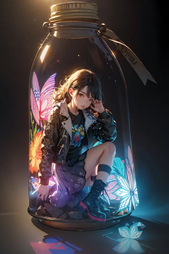 The image is a digital painting of a young woman trapped in a glass jar. The woman is sitting on a bed of flowers, and she is surrounded by butterflies. The jar is sitting on a dark surface, and there is a spotlight shining down on it. The woman is wearing a black leather jacket and a purple skirt, and she has brown hair and brown eyes. She is looking at the viewer with a sad expression on her face. The painting is done in a realistic style, and the details are exquisite. The colors are vibrant and the lighting is dramatic. The overall effect is one of beauty and sadness.