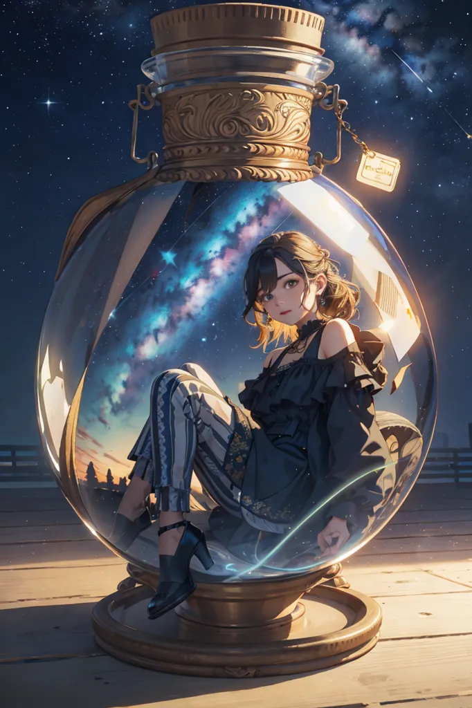 The image is a depiction of a young woman trapped inside a glass jar. The jar is sitting on a wooden surface, and the woman is sitting on a small cushion. The woman is wearing a black dress with a white collar. She has long brown hair flowing down her shoulders and brown eyes. The jar is filled with a starry night sky, and the woman is looking up at the stars with a look of wonder on her face. The image is both beautiful and thought-provoking, and it raises questions about the nature of reality and the human experience.