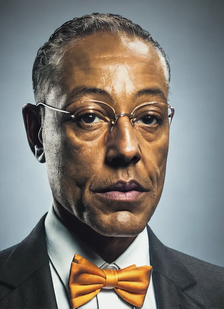 The image shows a man with dark skin and short gray hair. He is wearing a white shirt, a black suit jacket, and an orange bow tie. He has a serious expression on his face and is looking directly at the viewer. He is wearing glasses with a silver frame.