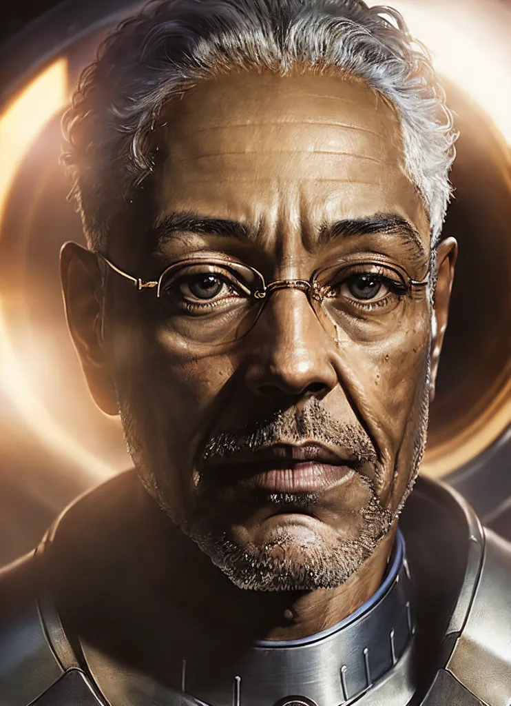 The image shows a headshot of a man with gray hair and brown eyes. He is wearing glasses and a silver and gray suit of futuristic armor. The background is a glowing orange and yellow. The man has a serious expression on his face.