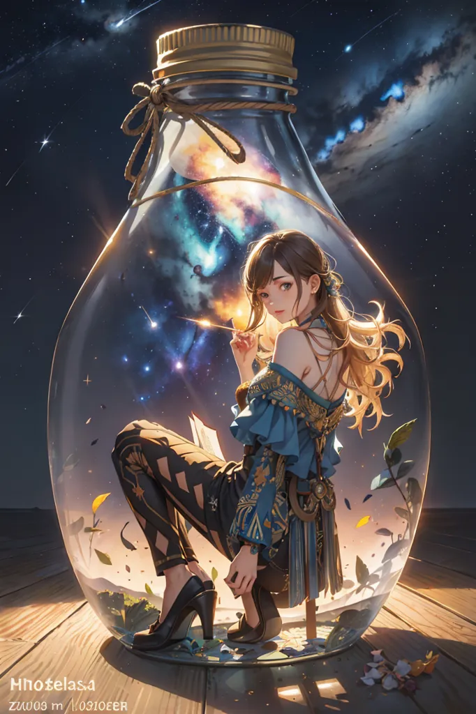 The image is a depiction of a young woman in a blue and gold outfit inside a glass bottle. She is sitting on a wooden table and there are plants and leaves around her. The background is a starry night sky. The woman is looking at a book in her hand. She has long brown hair and is wearing a black choker. The image is very detailed and the colors are vibrant.