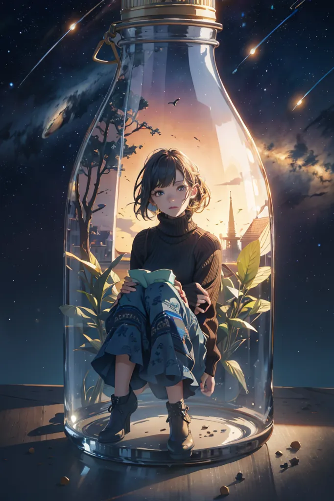 The image is a digital painting of a girl sitting in a glass bottle. The girl is wearing a black turtleneck sweater and a long blue skirt. She has short brown hair and brown eyes. She is sitting with her knees drawn up to her chest and her arms wrapped around her legs. The bottle is sitting on a wooden table. There is a forest of trees behind the bottle. The sky is dark and there are stars and a meteor shower in the sky.