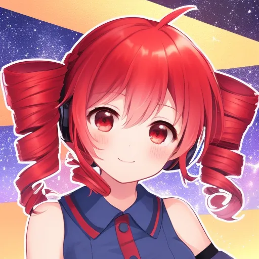 The image shows a young girl with bright red hair and red eyes. She is wearing a blue shirt with a white collar and has a pair of headphones on. The background is a starry night sky with a yellow moon. The girl has a gentle smile on her face and is looking at the viewer.