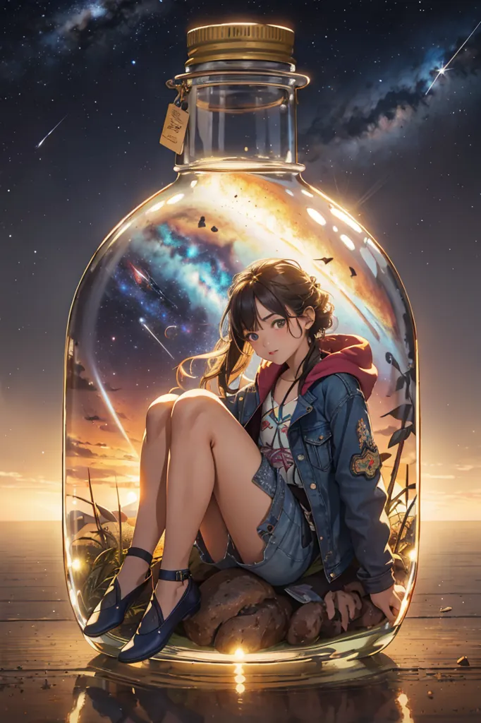 The image is a digital painting of a girl sitting in a glass bottle. The girl is wearing a blue denim jacket, a white shirt, and black shorts. She has long brown hair and brown eyes. She is sitting on a rock inside the bottle, with her legs crossed. There is a beautiful sunset outside the bottle. The sky is orange, pink, and yellow. There are clouds in the sky, and stars are twinkling. The bottle is sitting on a wooden table. There is a cork in the bottle. The image is very detailed, and the artist has used a lot of different colors to create a realistic and magical scene.