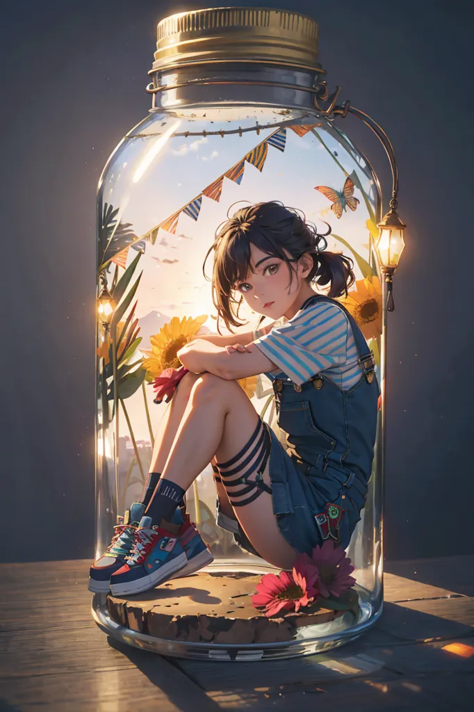 L'image montre une fille assise dans un bocal en verre. Le bocal est décoré d'une guirlande de drapeaux et il y a des fleurs et une lanterne à l'intérieur. La fille porte un t-shirt rayé bleu et blanc, des salopettes en jean et des baskets. Elle a les cheveux bruns et les yeux bruns. Elle est assise sur une souche de bois et il y a des fleurs et un papillon autour d'elle. L'arrière-plan est un ciel de coucher de soleil avec des nuages.